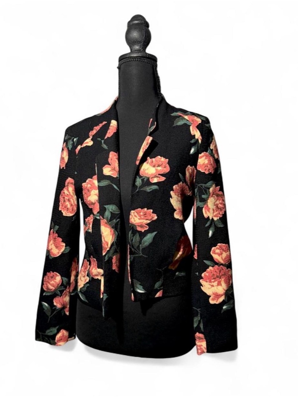 Alythea Black Floral Open-Front Blazer with Orange Roses